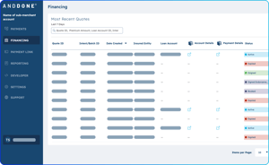 A screenshot of the AndDone Merchant portal Financing Listing page with the specific merchants quote and account information greyed out.