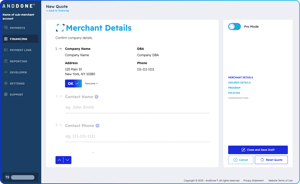 A screenshot of the AndDone Merchant portal New Quote screen used to generate quotes with AndDone's Premium Finance Lite product.